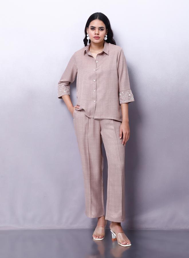 Athena Beige Embellished Shirt with Trousers Co-Ords - Image 1