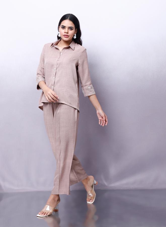 Athena Beige Embellished Shirt with Trousers Co-Ords - Image 3