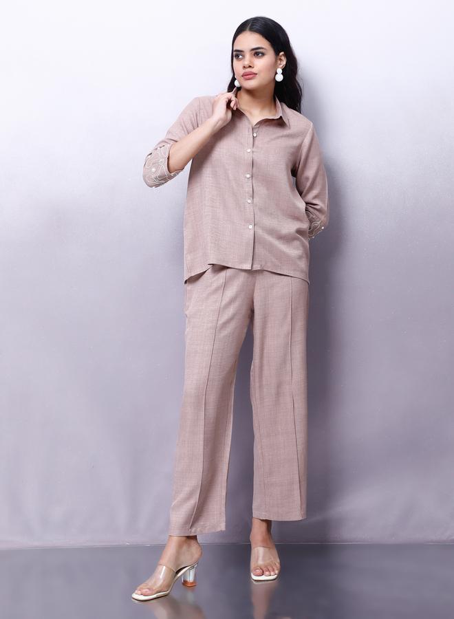 Athena Beige Embellished Shirt with Trousers Co-Ords - Image 2