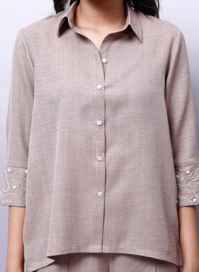 Athena Beige Embellished Shirt with Trousers Co-Ords - Image 5