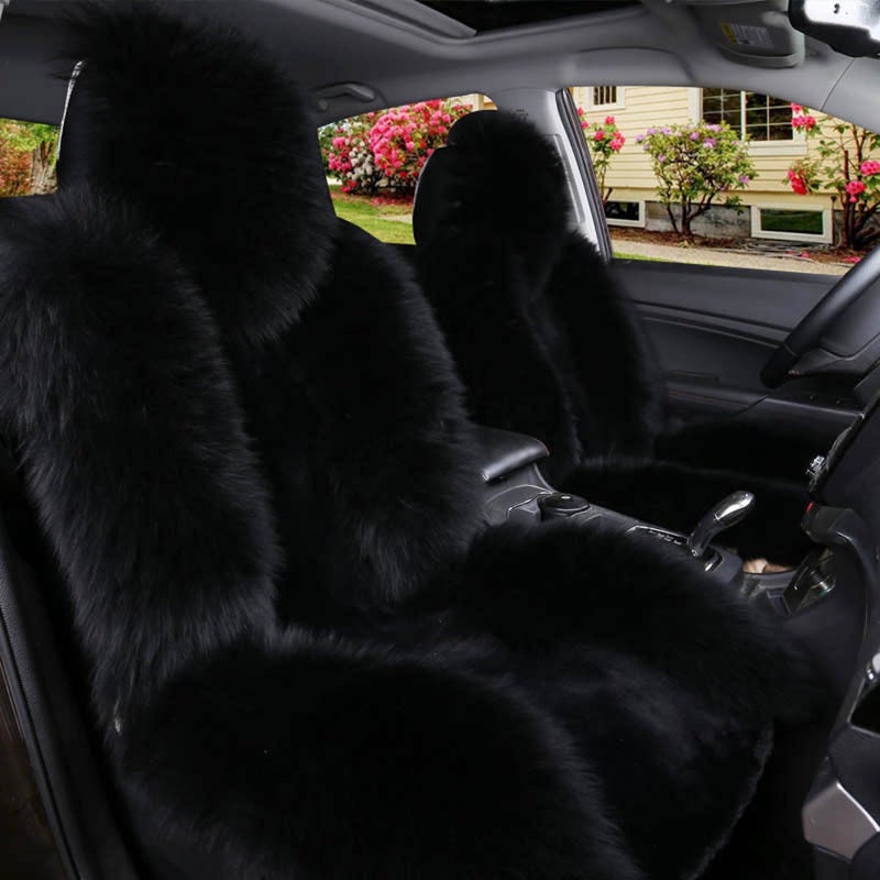 IMQOQ A Pair 50 Genuine Sheepskin Fur Car 2 Front Seat Covers Set Winter Warm Universal Black