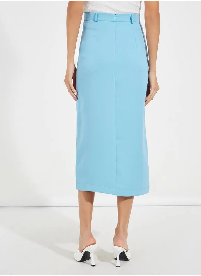Styli Button Detail Midi Skirt with Belt Loops