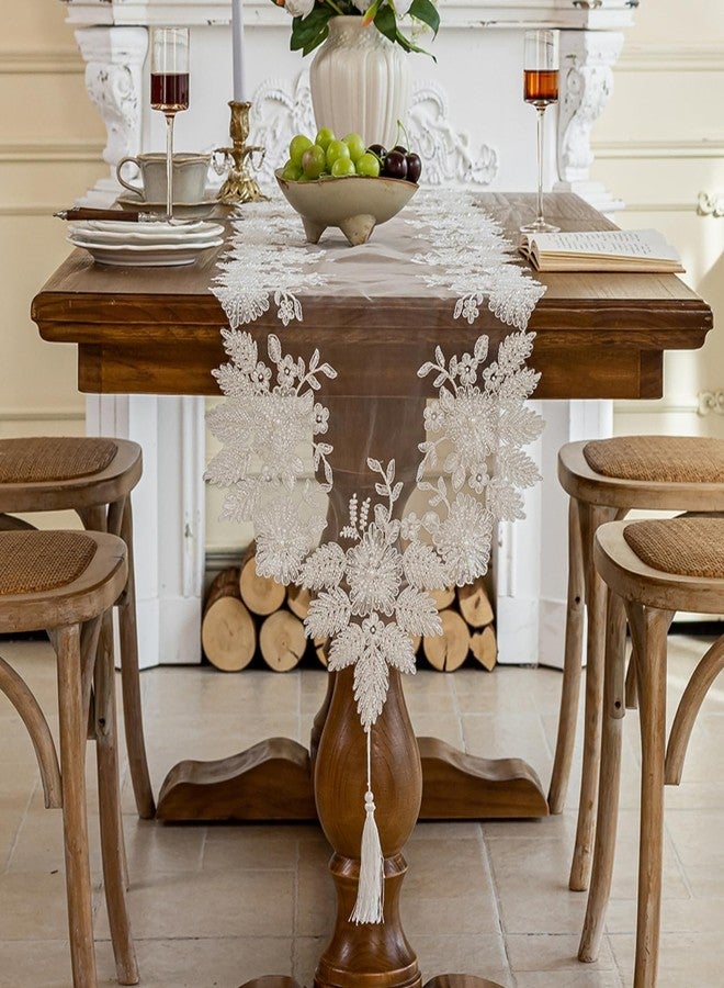 Huierxun Embroidered Lace Table Runner with Tassels for Home Decor 47 Inches Long Pearl Embroidery Floral Table Runner Macrame Vintage Decoration for Living Room Bridal Shower (White,16"x47") - Image 1