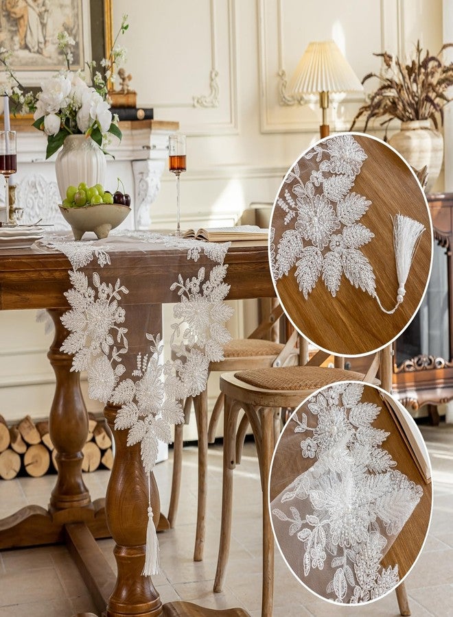 Huierxun Embroidered Lace Table Runner with Tassels for Home Decor 47 Inches Long Pearl Embroidery Floral Table Runner Macrame Vintage Decoration for Living Room Bridal Shower (White,16"x47") - Image 2