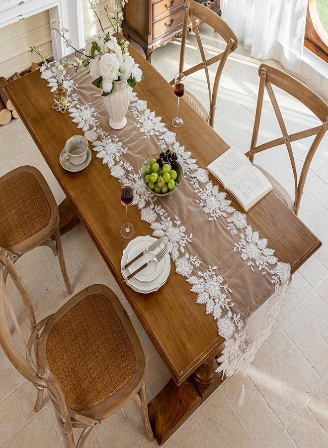 Huierxun Embroidered Lace Table Runner with Tassels for Home Decor 47 Inches Long Pearl Embroidery Floral Table Runner Macrame Vintage Decoration for Living Room Bridal Shower (White,16"x47") - Image 3