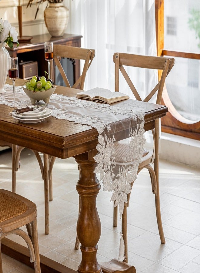 Huierxun Embroidered Lace Table Runner with Tassels for Home Decor 47 Inches Long Pearl Embroidery Floral Table Runner Macrame Vintage Decoration for Living Room Bridal Shower (White,16"x47") - Image 4