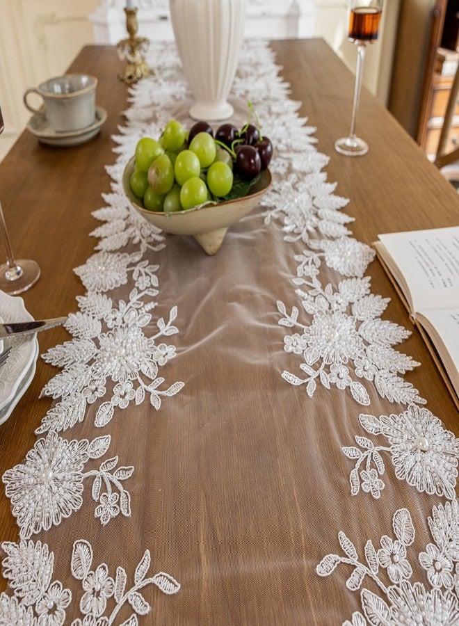 Huierxun Embroidered Lace Table Runner with Tassels for Home Decor 47 Inches Long Pearl Embroidery Floral Table Runner Macrame Vintage Decoration for Living Room Bridal Shower (White,16"x47") - Image 5