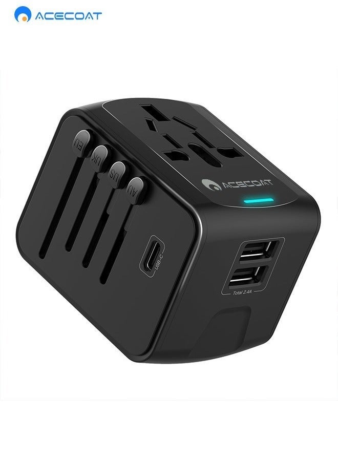 ACECOAT Universal Travel Adapter, International Travel Plug Adapter with 1 USB C and 2 USB Ports, All in One Worldwide Plug Adaptor, UK to European Power Universal Plug Adaptor for EU USA Australia Asia - Image 1