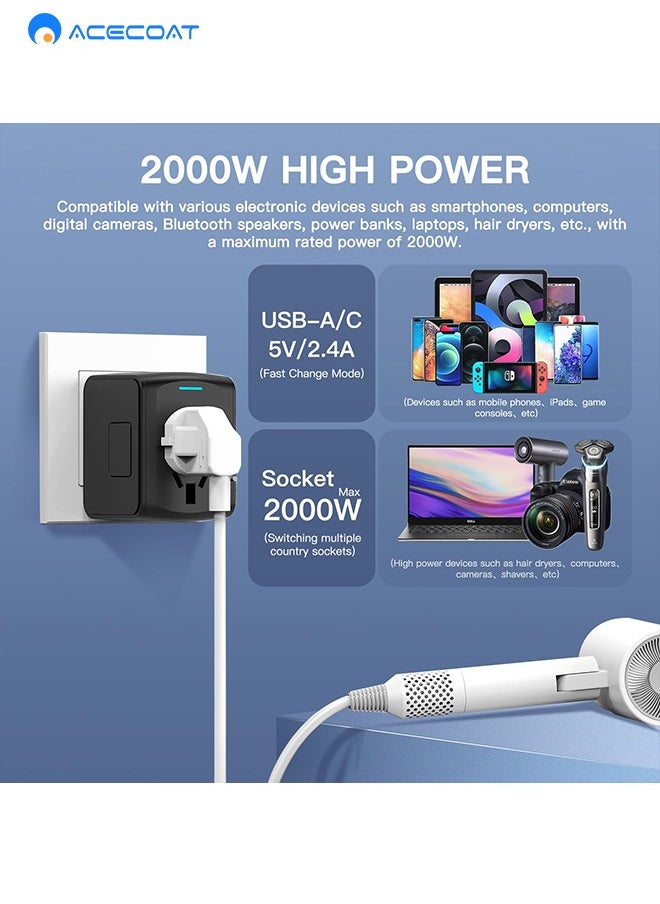 ايسكوت - محول السفر العالمي، محول قابس السفر الدولي مع 1 USB C ومنفذي USB، الكل في واحد محول توصيل عالمي، محول قابس عالمي من المملكة المتحدة إلى أوروبا للاتحاد الأوروبي والولايات المتحدة الأمريكية وأستراليا - Image 1