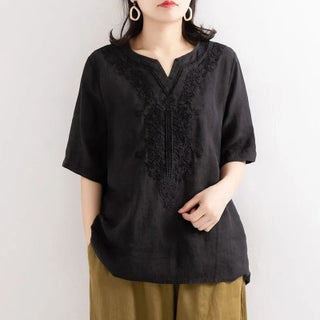 Solid color short-sleeved T-shirt for women Summer 2024 New loose artistic temperament small shirt retro cotton and linen V-neck shirt fashion Black can 321 - pzsku/Z2A30A8038F3CD885A43AZ/45/1746229422/3247e396-cbc7-458d-908a-dc40d1c5f658