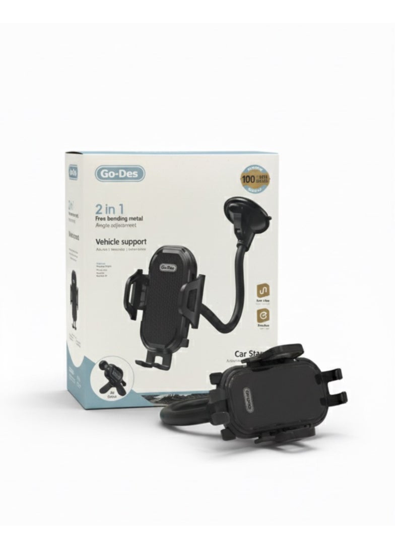 GO-DES 2-in-1 Adjustable Metal Car Phone Holder – Free Bending Design, 360° Rotation, Dashboard & Air Vent Mount Vehicle Support Stand - Image 1