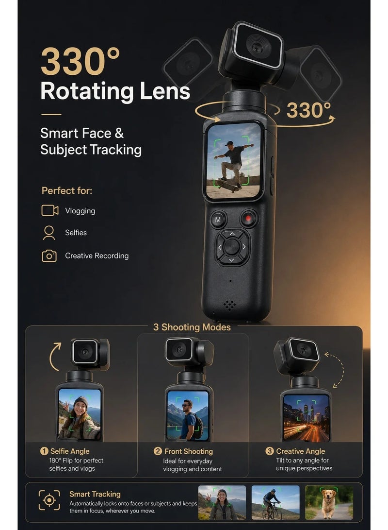 4K 75MP Pocket Gimbal Camera, 128GB TF Card Full Kit with Tripod & Card Reader, 330° Rotating Lens, AI Face Tracking, WiFi, 1.72" Touch Screen, Vlogging Camera for Travel & Content Creation - Image 5