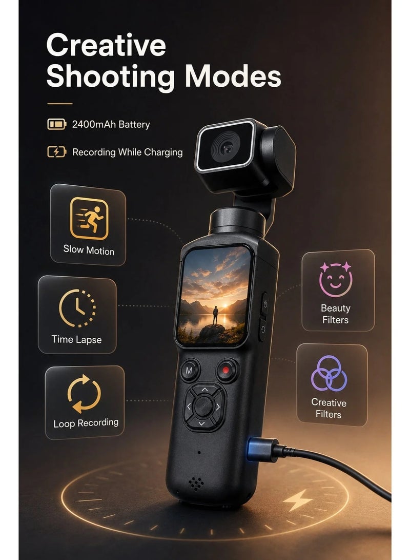 4K 75MP Pocket Gimbal Camera, 128GB TF Card Full Kit with Tripod & Card Reader, 330° Rotating Lens, AI Face Tracking, WiFi, 1.72" Touch Screen, Vlogging Camera for Travel & Content Creation - Image 4