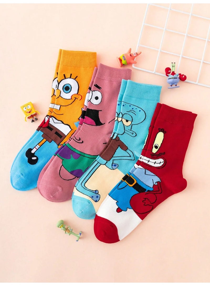 Set of 4 SpongeBob Character Socks, Made from Soft Thick Fabric, Comfortable Mid-Length Cartoon Socks - Image 1