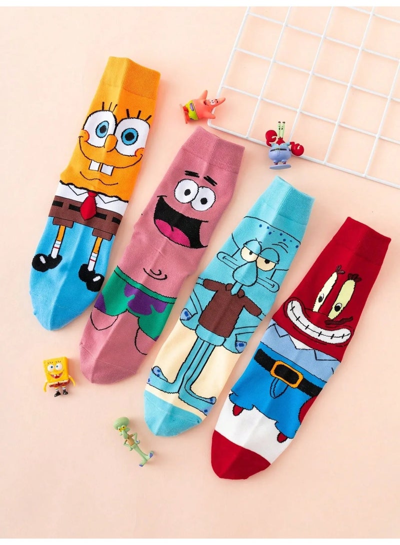 Set of 4 SpongeBob Character Socks, Made from Soft Thick Fabric, Comfortable Mid-Length Cartoon Socks - Image 2