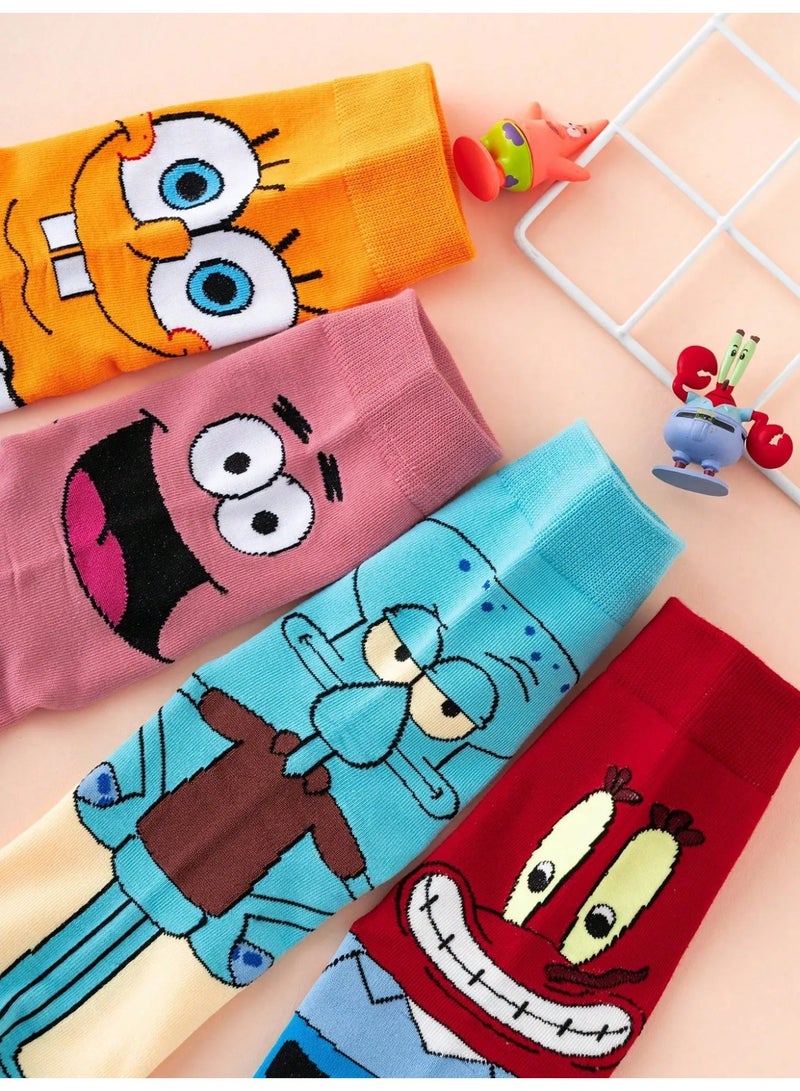 Set of 4 SpongeBob Character Socks, Made from Soft Thick Fabric, Comfortable Mid-Length Cartoon Socks - Image 3