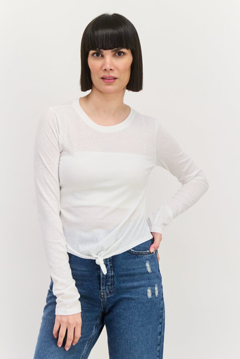NIA Women Plain Long Sleeve Top, White - Image 1