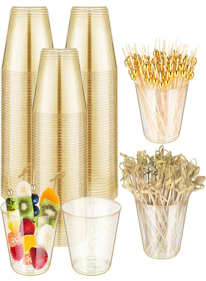 Layhit 100 Set 9 oz Plastic Charcuterie Cups with 200 Cocktail Picks Disposable Gold Glitter Plastic Appetizers Cups Charcuterie Boards Accessories for Fruits Appetizers Wedding Party - Image 1