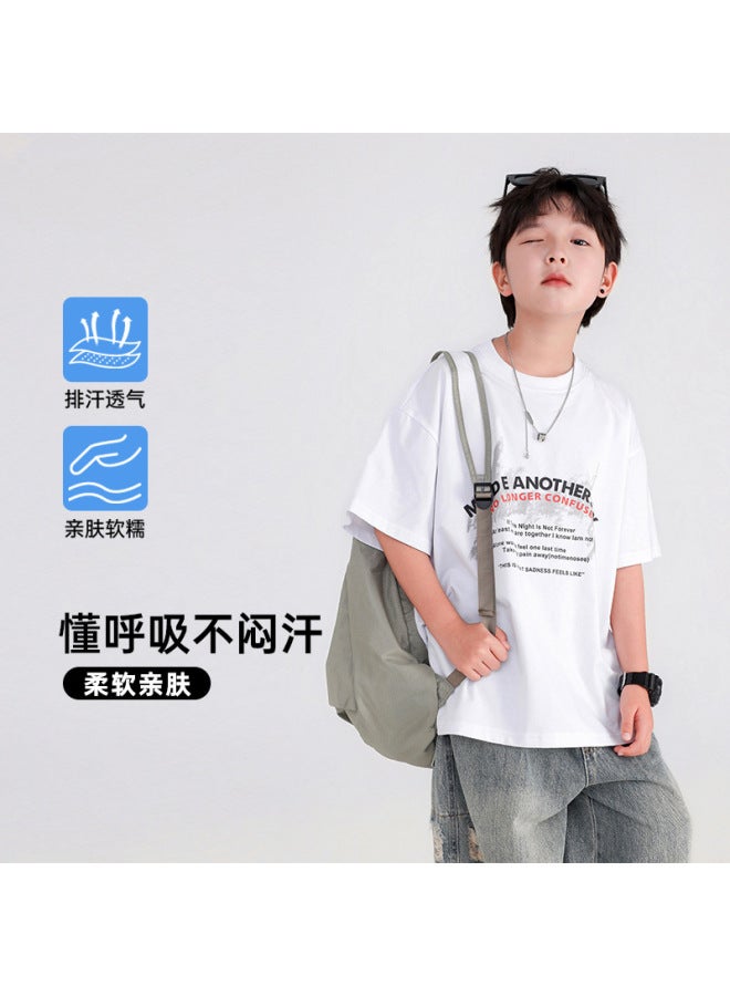 Boys' Summer Korean Style Ice Short-sleeved White T-shirt  New Primary School Children's Summer Loose Half-sleeved Top