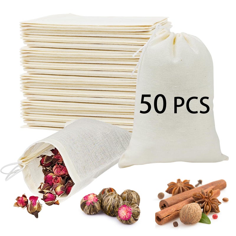 ARKBAODAN 50PCS 3x4 Small Muslin Cloth Bags with Drawstrings - Reusable Empty Spice & Herb Bags for Cooking, Potpourri, cloth tea bags, cloth bags bulk - Image 1