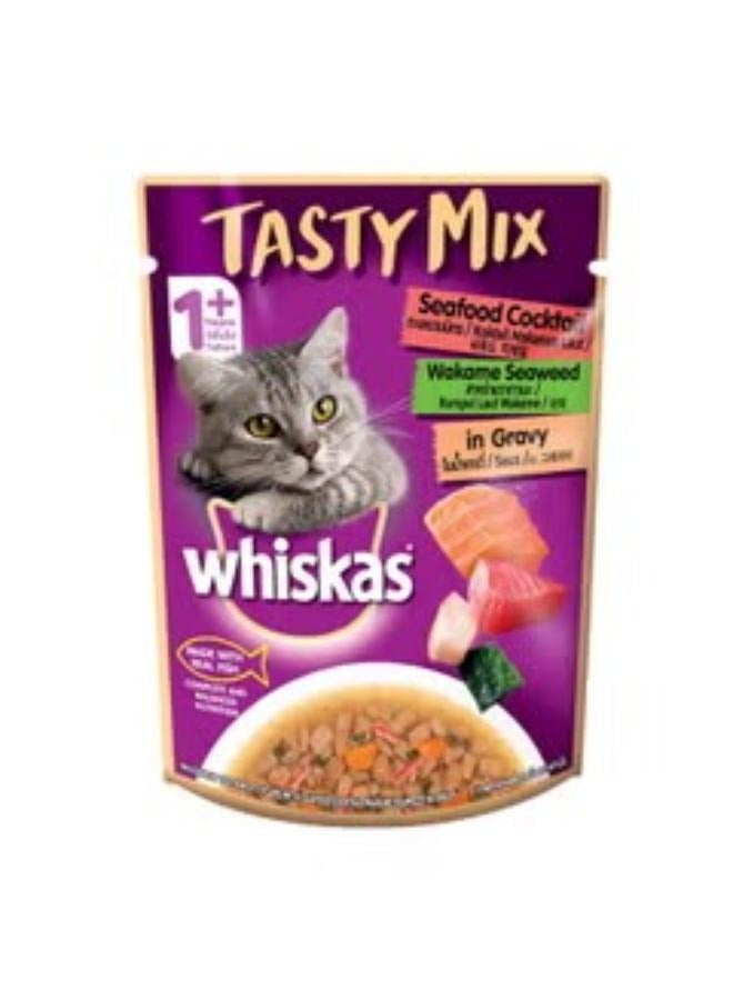 ويسكاس طعام القطط الرطب اللذيذ للبالغين (1+ سنة) المصنوع من الأسماك الحقيقية وكوكتيل المأكولات البحرية والأعشاب البحرية واكامي في المرق - عبوة من 12 قطعة (70 جرام × 12 قطعة) - Image 2