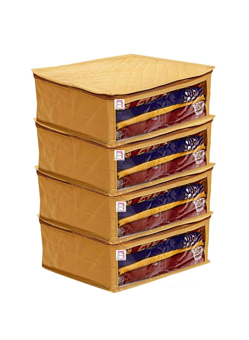 atorakushon® Satin Saree Cover Garments Cover Bag Clothes Storage Wardrobe Organiser Pack of 4 (Golden) - Image 1