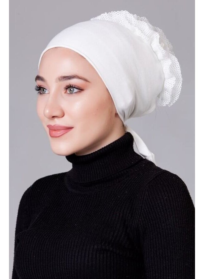 Nanak Cream Lycra Frilly Non-Slip Bonnet  - Image 1