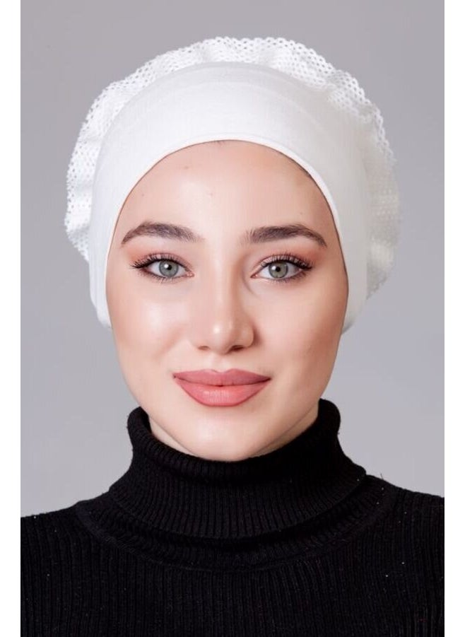Nanak Cream Lycra Frilly Non-Slip Bonnet  - Image 5