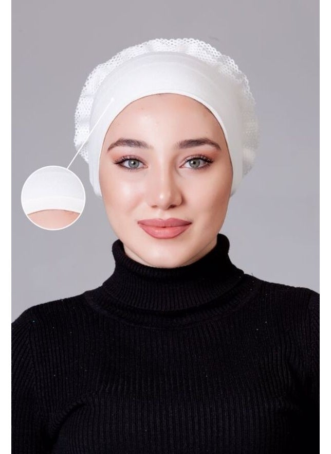 Nanak Cream Lycra Frilly Non-Slip Bonnet  - Image 4