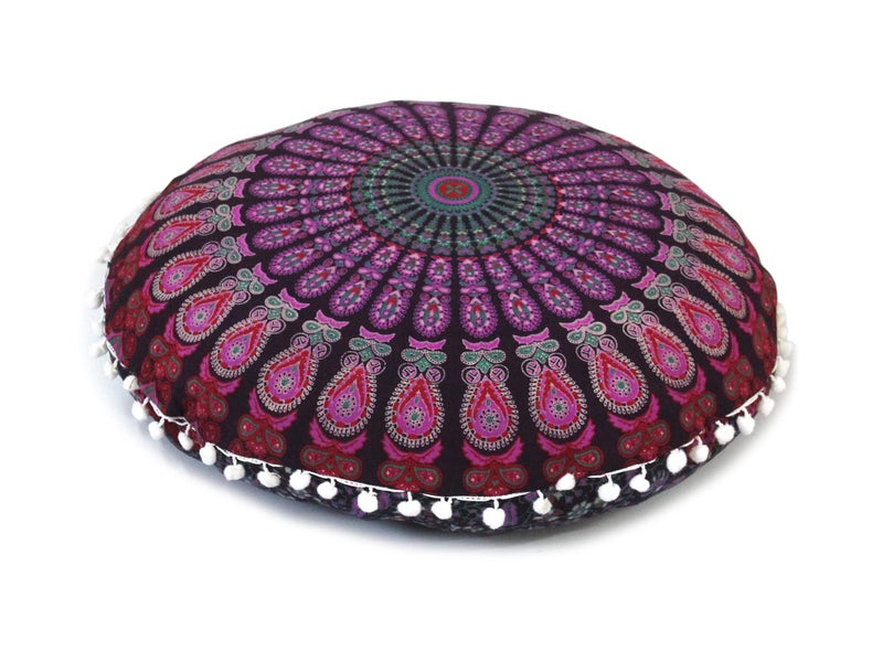 CRAFT KALA 22 IN Mandala Meditation Floor Pillows Pouf Round Seating Adults Bohemian Circle Cotton Cushion Cover Outdoor Fireplace Living Room Yoga Home Dcor Pink Peacock 22