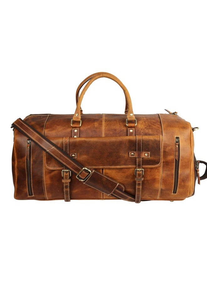 KomalC 24 Inch Leather Duffle Bags for Men and Women Travel Overnight Weekend Bag Sports Gym Duffel for Men, Brown, Medium, Tan With Shoe Pocket - Image 2