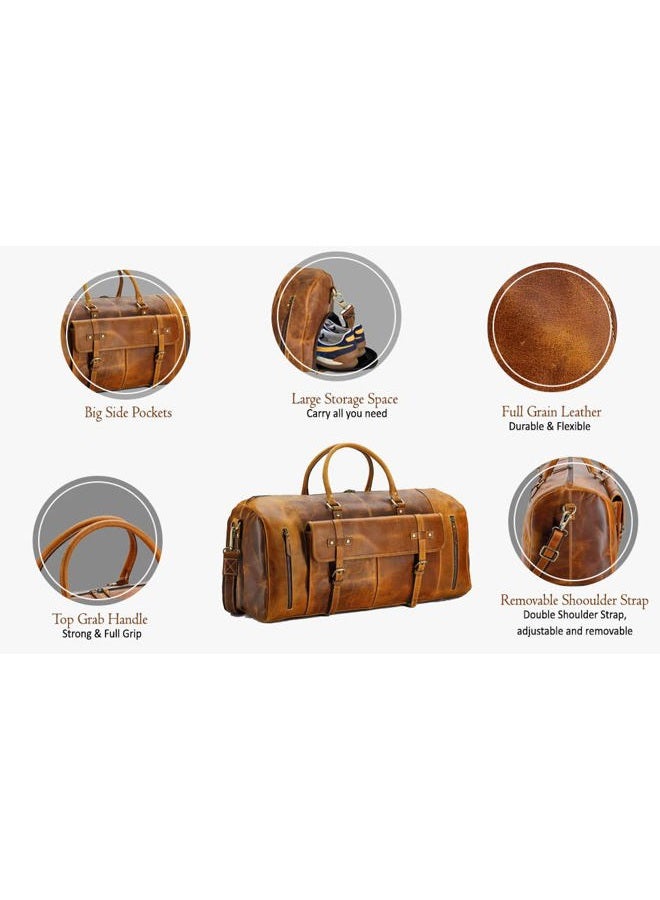 KomalC 24 Inch Leather Duffle Bags for Men and Women Travel Overnight Weekend Bag Sports Gym Duffel for Men, Brown, Medium, Tan With Shoe Pocket - Image 3
