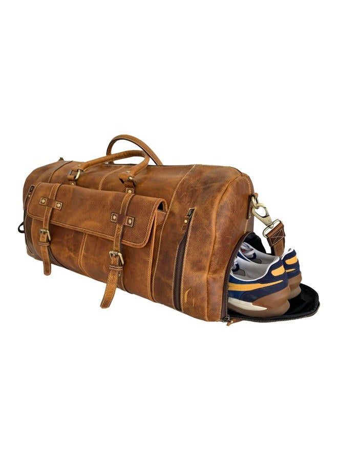 KomalC 24 Inch Leather Duffle Bags for Men and Women Travel Overnight Weekend Bag Sports Gym Duffel for Men, Brown, Medium, Tan With Shoe Pocket - Image 1