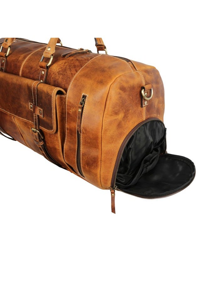 KomalC 24 Inch Leather Duffle Bags for Men and Women Travel Overnight Weekend Bag Sports Gym Duffel for Men, Brown, Medium, Tan With Shoe Pocket - Image 4