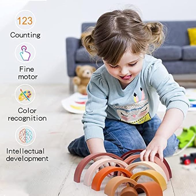 WOODEN STACKING & BUILDING PUZZLE TOYS FOR KIDS TODDLERS NESTING TOYS FOR MONTESSORI LEARNING EDUCATIONAL BABY TOYS TUNNEL STACKING TOYS FOR 2+ YEARS OLD (ASSORTED WOODEN RAINBOW 10 PCS) - Image 3