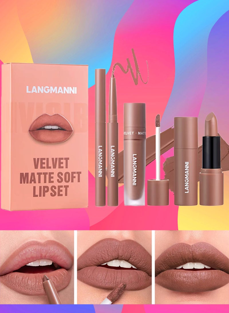 LANGMANNI 3 in 1 Matte Soft Lip Set Lip Liner Liquid Lip Gloss and Lipstick Combo Set Soft Smooth Natural Lip Contour Set Waterproof and Long Lasting Effect All in One Lip Makeup Gift Set 01 - Image 1