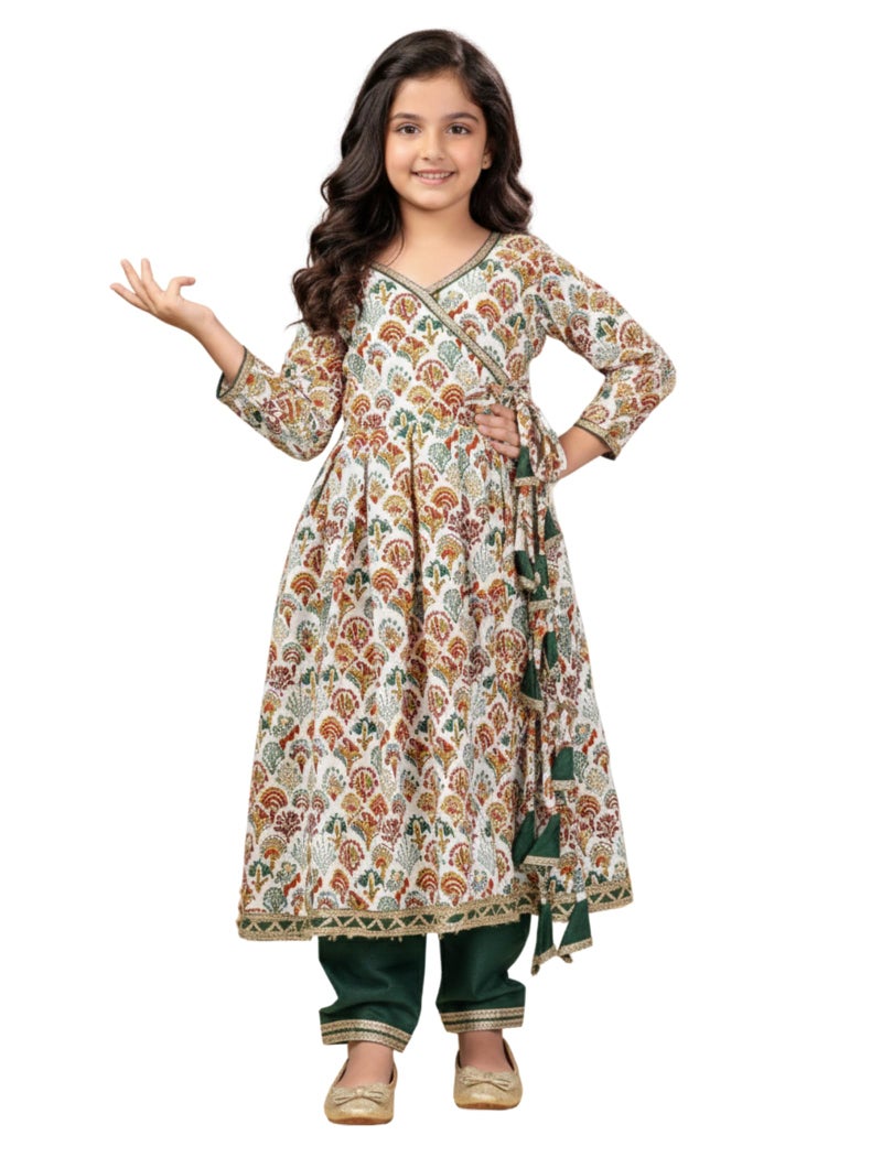 Naixa Girl's Rayon Blend Floral Pattern Anarkali Dress Payjama Dupatta Set with 3/4 Sleeve V- Neck and Drawstring Closure Type| Kurta Sharara Set for Girl's - Image 1