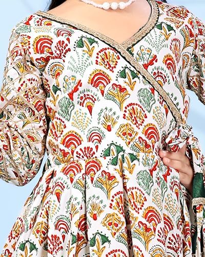 Naixa Girl's Rayon Blend Floral Pattern Anarkali Dress Payjama Dupatta Set with 3/4 Sleeve V- Neck and Drawstring Closure Type| Kurta Sharara Set for Girl's - Image 4