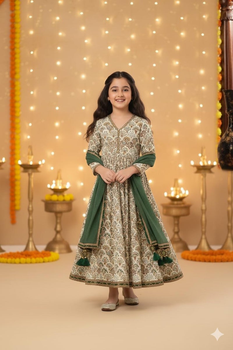 Naixa Girl's Rayon Blend Floral Pattern Anarkali Dress Payjama Dupatta Set with 3/4 Sleeve V- Neck and Drawstring Closure Type| Kurta Sharara Set for Girl's - Image 2