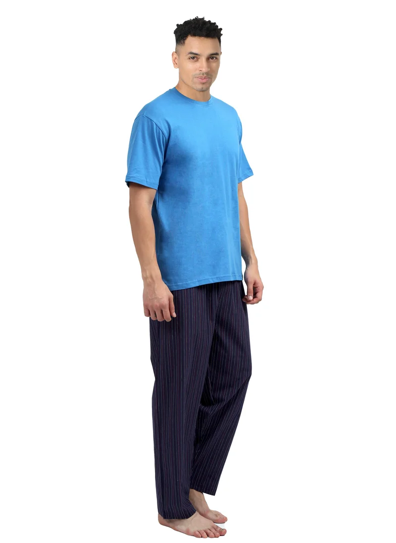 victor and jane Men's Cotton Pyjama Sets with Round Neck T-shirt and long pants - Blue