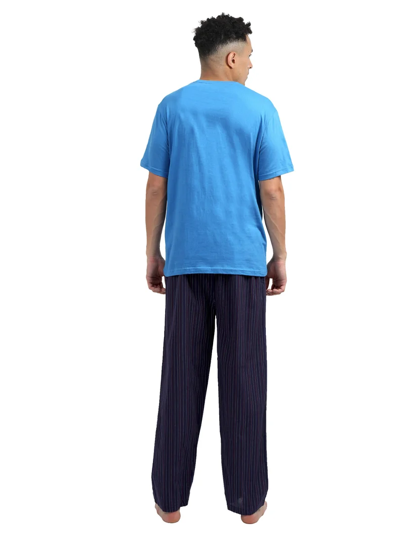 victor and jane Men's Cotton Pyjama Sets with Round Neck T-shirt and long pants - Blue