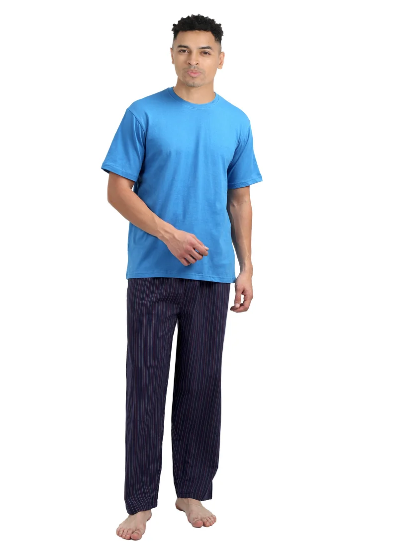 victor and jane Men's Cotton Pyjama Sets with Round Neck T-shirt and long pants - Blue
