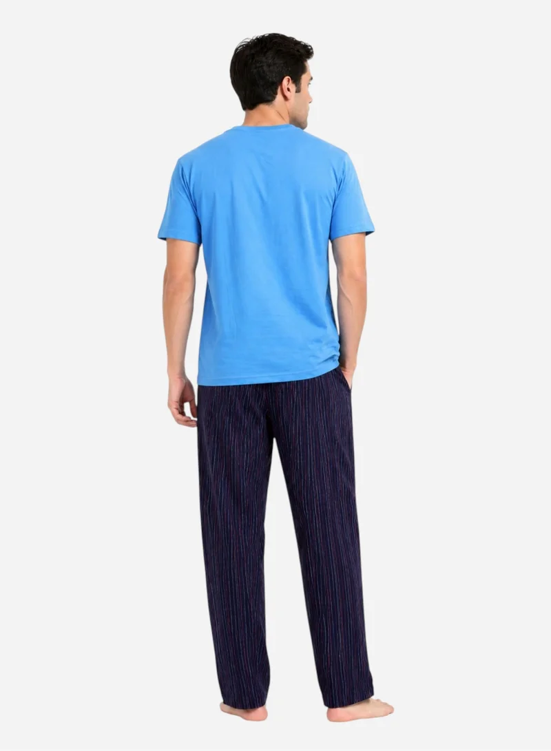 Victor And Jane  Men's Cotton Pyjama Sets with Round Neck T-shirt and long pants - Blue for Men | Best Price UAE