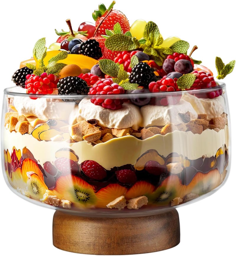 NiHome 3.5L Glass Dessert Bowl with Acacia Wood Stand, Versatile Ice Cream Bowl and Dessert Glasses for Salads, Cakes, Desserts - Durable, Easy to Clean, Perfect for Parties and Weddings - Image 1