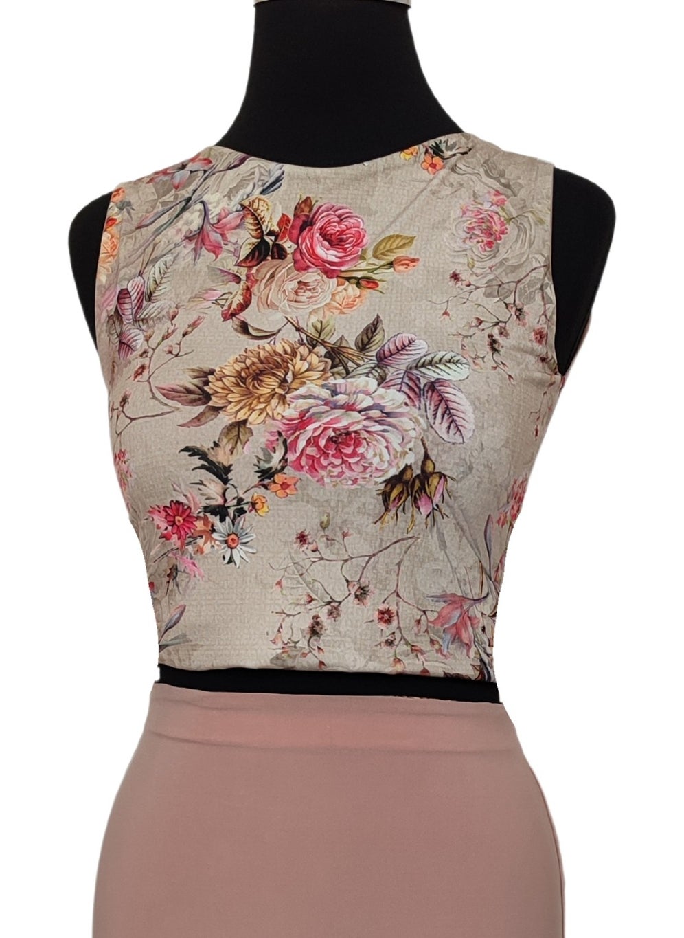 Due Stelle Double Sided Women's Backless Patterned Crop Blouse Floral Beige - Beige  - Image 4