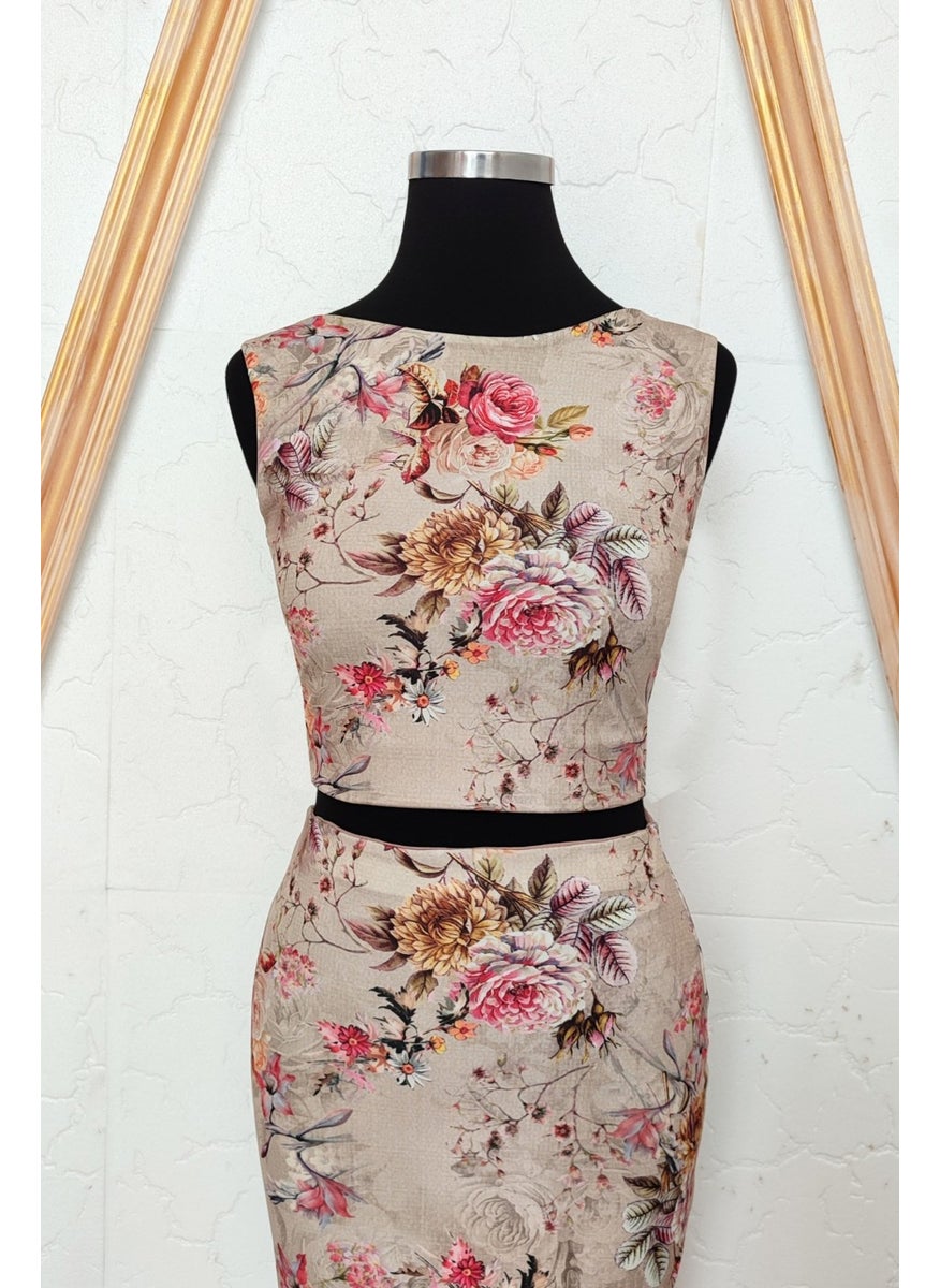 Due Stelle Double Sided Women's Backless Patterned Crop Blouse Floral Beige - Beige  - Image 5