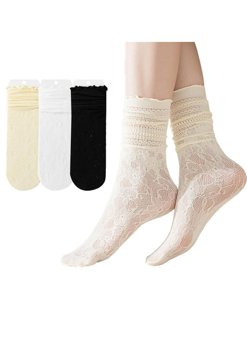 CMGTYYD. 3 أزواج من الجوارب الدانتيل، جوارب كشكش كشكش بوبي جوارب كاجوال قطنية مريحة نصف مريحة للسيدات، جوارب صيفية ماصة للعرق قابلة للتنفس، جوارب كاحل نسائية من الدانتيل، خلخال نسائي - Image 1