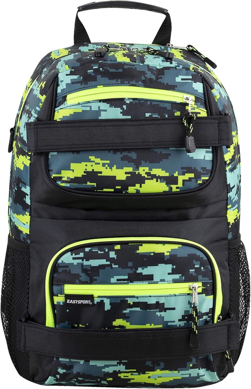 Eastsport Travel Skateboard Backpack Double Strap Laptop Bag Multi-Sport Design for Men and Women, Neon Yellow Blue Static Camo Black - Image 2