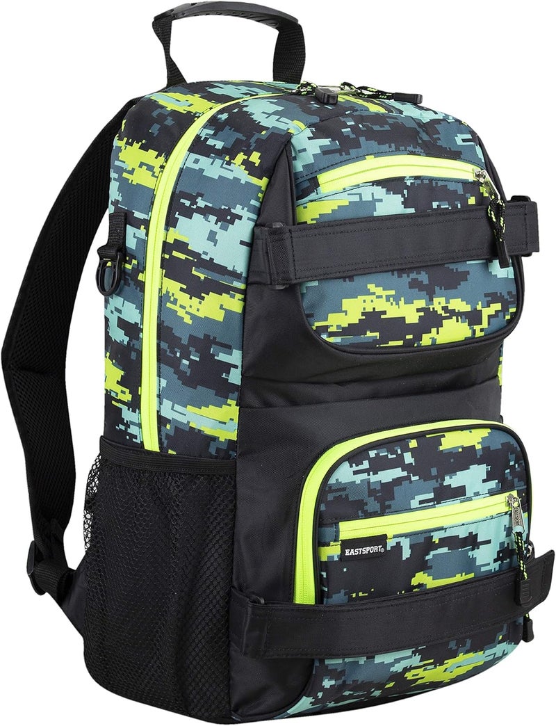 Eastsport Travel Skateboard Backpack Double Strap Laptop Bag Multi-Sport Design for Men and Women, Neon Yellow Blue Static Camo Black - Image 1