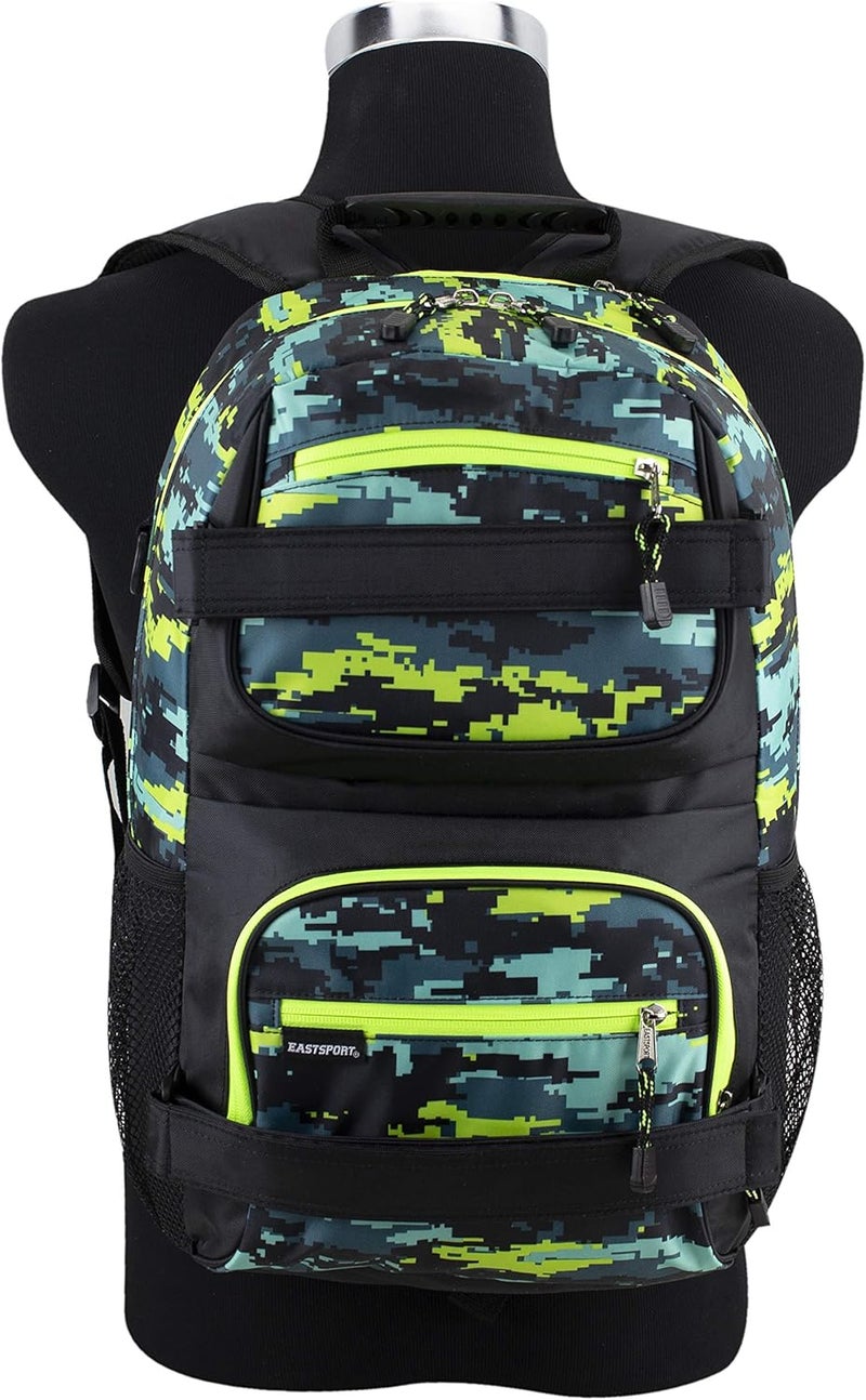 Eastsport Travel Skateboard Backpack Double Strap Laptop Bag Multi-Sport Design for Men and Women, Neon Yellow Blue Static Camo Black - Image 5